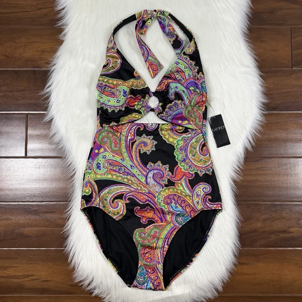 Lauren Ralph Lauren Women's Size 12 Paisley Halter Cut Out One Piece Swimsuit